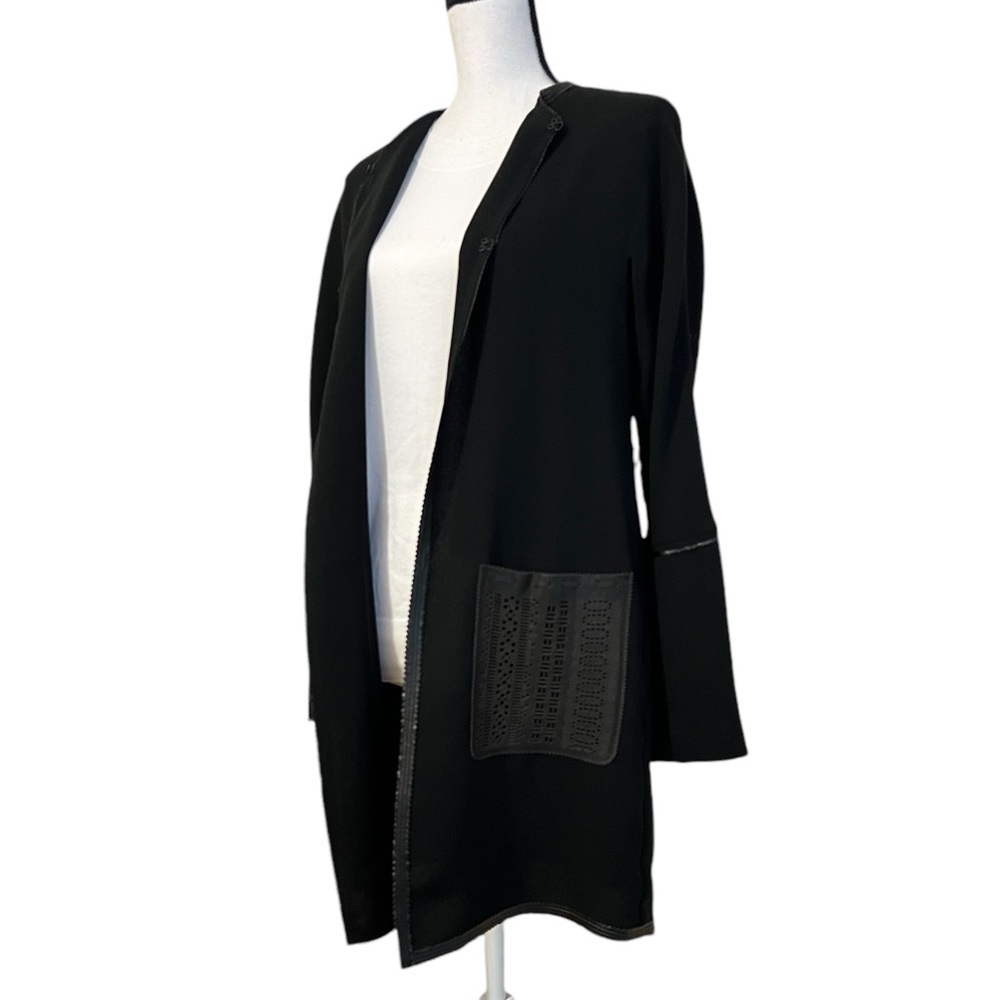 Elie Tahari Long Cardigan w Leather Details.